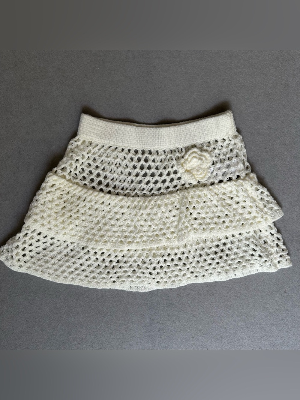 Cream Crochet Tiered Skirt with Floral Accent
